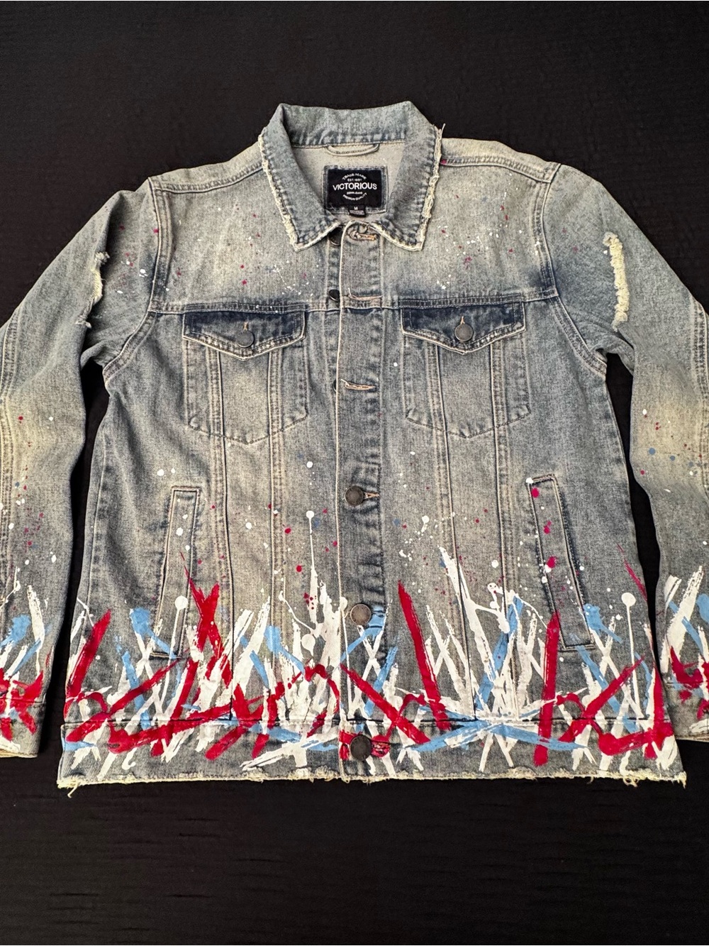 Victorious Denim Jeans Paint Splatter Jacket Sz Medium Streetwear Y2K Distressed